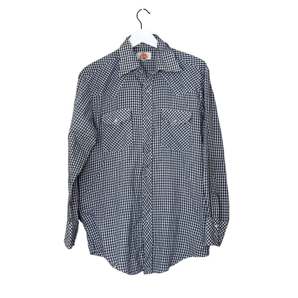 Sundance‎ Mens Gingham Western Pearl Snap Shirt Navy Blue White Size M Vintage